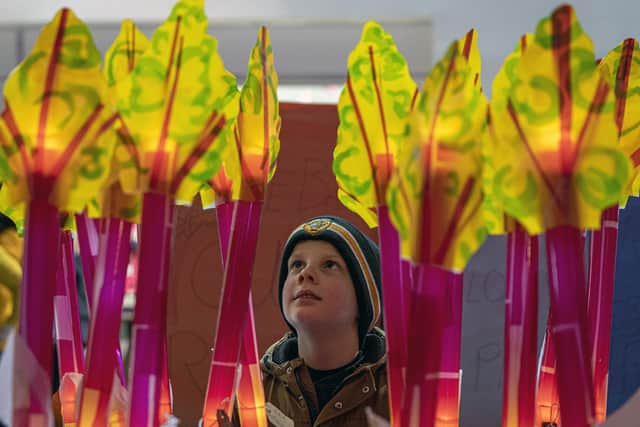 Jay Williams gazes at artist Tony Wade's installation at the 2020 Rhubarb Festival in Wakefield.