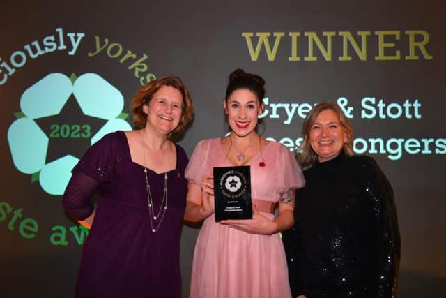 Jemma Ladwitch, business development manager of Cryer & Stott Cheesemongers, collecting the Best Wholesaler award at the Pavilions in Harrogate for the Deliciously Yorkshire Taste Awards.
