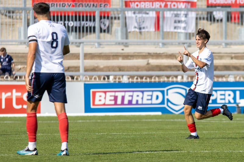 Oliver Rodriguez celebrates scoring Wakefield AFC's second goal against Horbury Town.