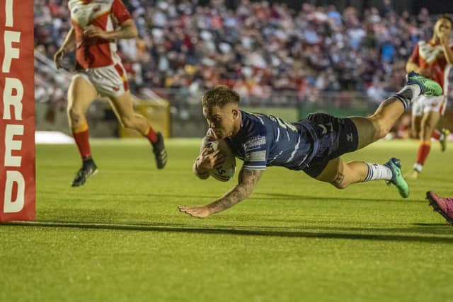 FLYING IN: New Wakefield Trinity signing scores a try for Featherstone Rovers in 2022. Picture: Dec Hayes