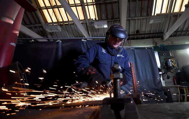 Apprentice Welder and Fabricator Korey Wigglesworth  pictured at work on some Lock gates at the Canal Trusts Workshop, Stanley Ferry, Stanley, Wakefield.Picture by Simon Hulme