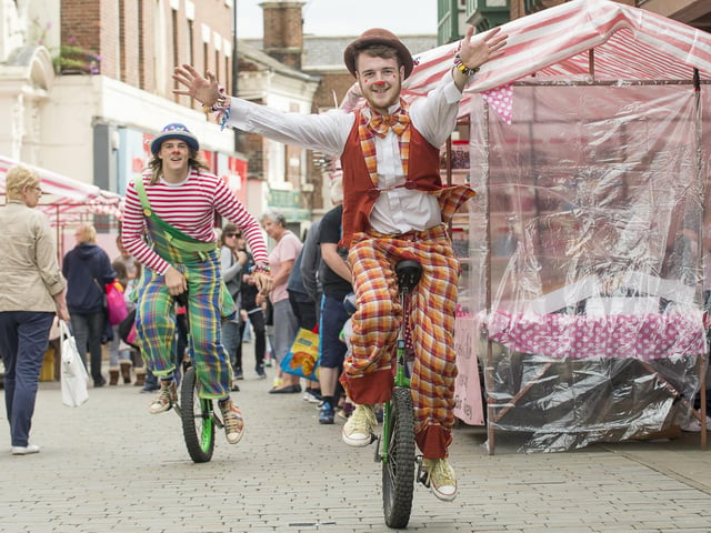 Bongo and  Joe on unicycles in 2016.