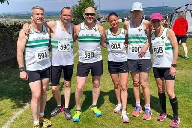 Wakefield Harriers' two teams that won team medals at the Yorkshire Vets Road Relay Championships.