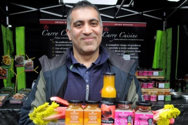 Paresh Tejura with a selection of rhubarb and mango pickle, Yorkshire rhubarb chilli jam and rhubarb dressing at his Curry Cuisine stall at the Wakefield Food, Drink and Rhubarb Festival in 2011.