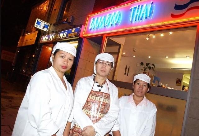 Takeaways were under threat of demolition to aid flood defences on Westgate End in 2005. Staff at Bamboo Thai - Wirawan McCullen, Nuch Butler and Suphin Hinchliffe.