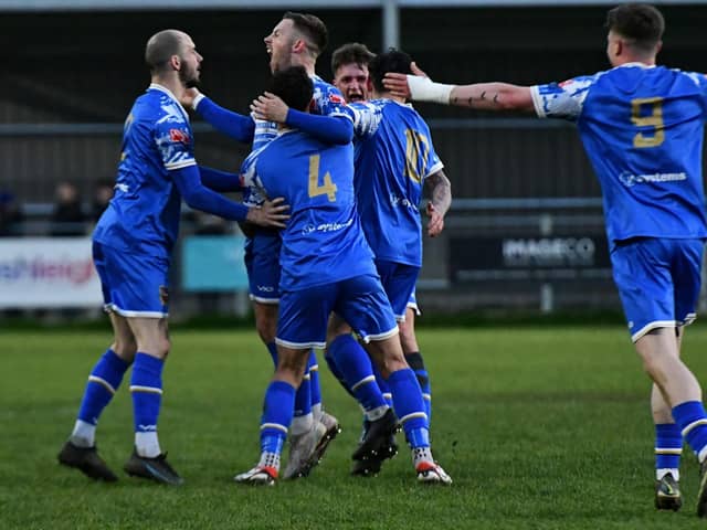 Pontefract Collieries players celebrate a goal in their game against Belper Town. Picture: Daniel Kerr