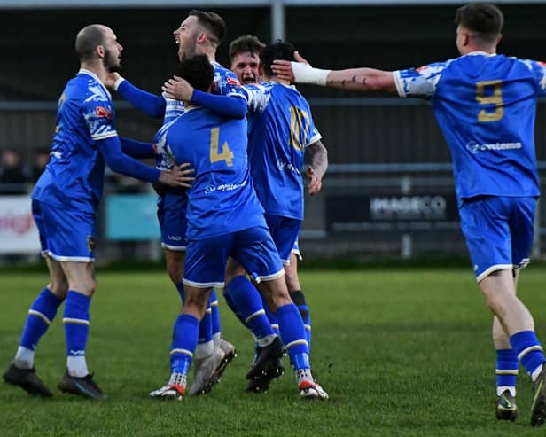 Pontefract Collieries players celebrate a goal in their game against Belper Town. Picture: Daniel Kerr