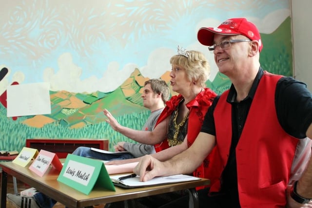 The L Factor for Comic Relief at Lawfield Primary School. Judges Simon Vowel, Danni Minogue's Grandma and Louis Mulch.