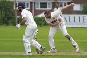 James Glynn bowls for Townville in their win over Premier Division leaders Woodlands. Photo by Scott Merrylees