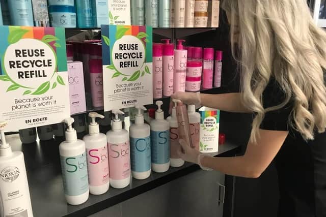 The salon introduced a REUSE - RECYCLE - REFILL station to reduce salon and client plastic usage