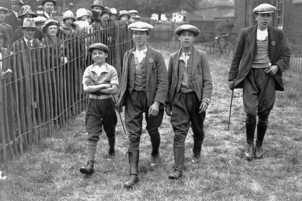 Pit boy jockeys on their way to the paddock at the Pit Pony Parade on August 4, 1925 and race meeting at Thorp near Wakefield, Yorkshire.  (Photo by E. Bacon/Topical Press Agency/Getty Images)