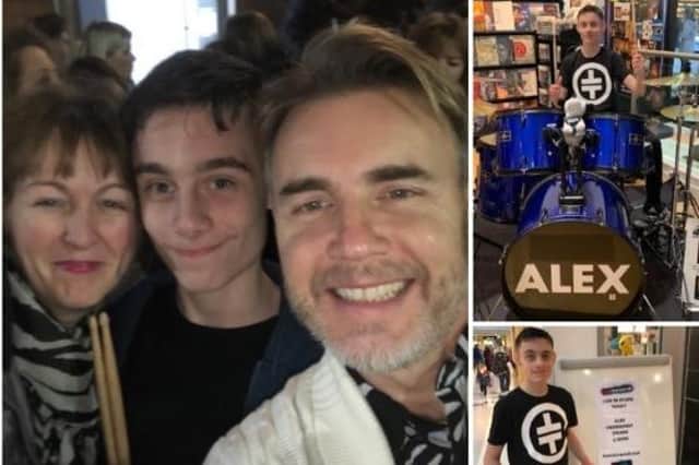 Alex and his mum, Sharon, met up with Gary Barlow in London before Alex entertained the crowd at HMV.