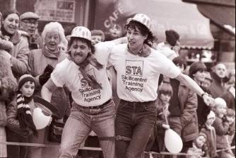 February 1985 - Pancake day races in Wakefield precinct.