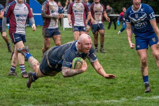 Sam Millard flies in for one of his 20 tries for Pontefract RUFC in the 2022-23 season.