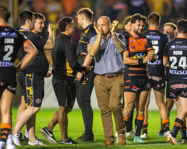 Danny Ward applauds the Castleford Tigers fans at the end of the winning game against Hull. Photo by Bruce Rollinson