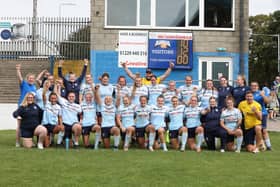 Featherstone Rovers Ladies celebrate reaching the Betfred Shield final. Picture: John Victor