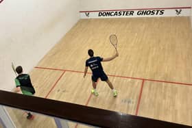 Squash court action from Pontefract 1s game against Doncaster. Photo credit: Pontefract Squash Club