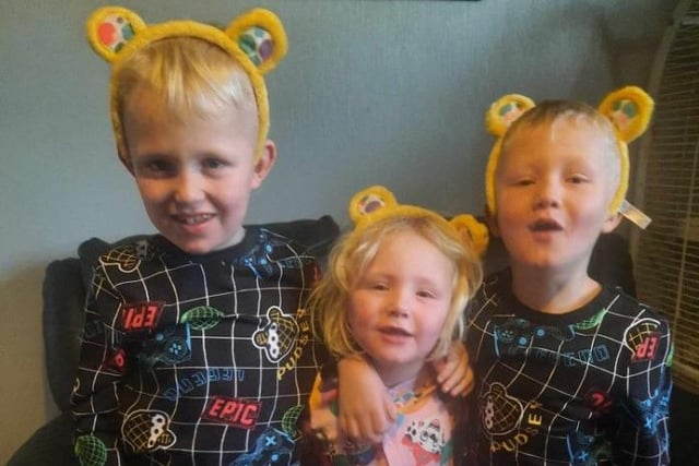 Jamie Louise Poole shared a photo of Leo,Holly-Rose and Oscar in their Pudsey pjs and headbands.