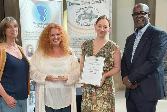 Jane Golding from Historic England - executive member of the Community Archives, Sarah Leah Cobham CEO Dream Time Creative, Olivia Young Dream Time Creative, and Volunteer Dr Milton Brown representative from the executive of Community Archives and CEO of Kirkless TV