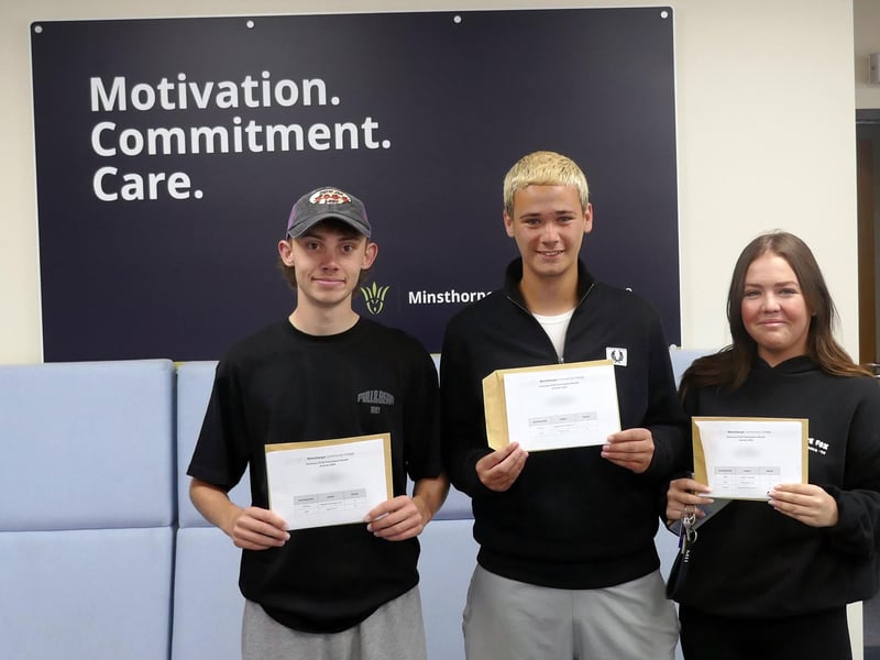 (Left to right) Oliver Mitchell, Caiden Burton and Macy Hopkins picking up their results at Minsthorpe Community College