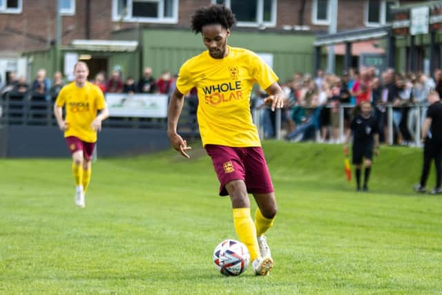 Iyrwah Gooden hit a superb hat-trick in Emley's 5-1 Emirates FA Cup win over Lower Breck. Photo by Mark Parsons