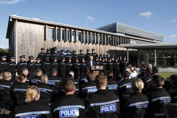 Boris Johnson, UK prime minister, makes a speech to student police officers at the West Yorkshire Police Training Centre in Wakefield, UK, on Thursday, Sept 5, 2019. Johnson's six-week-old premiership was thrown into yet more disarray after his brother quit the government in protest at his Brexit strategy. Photographer: Darren Staples/Bloomberg via Getty Images