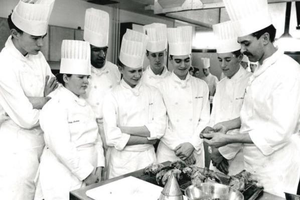 Wakefield Technical College, top chef gives a demonstration, 1989.