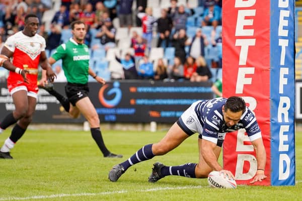 Mark Kheirallah goes over for one of his two tries for Featherstone Rovers against Keighley Cougars. Photo by JLH Photography