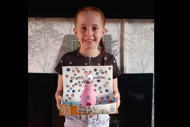 Mylie, aged 9, with her gumball machine, shared by Amy Sellers.