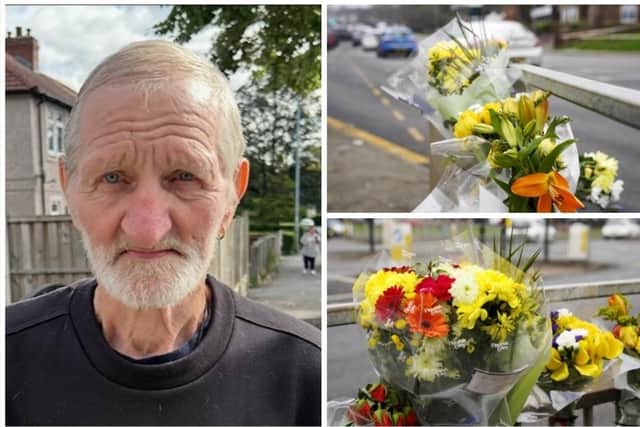 Flowers have been left at the scene of the accident where John Nottingham was hit by a car while crossing Dewsbury Road.