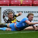 Lachlan Walmsley scores the first try of his hat-trick on his competitive debut for Wakefield Trinity against York Knights. Picture: Jonathan Gawthorpe