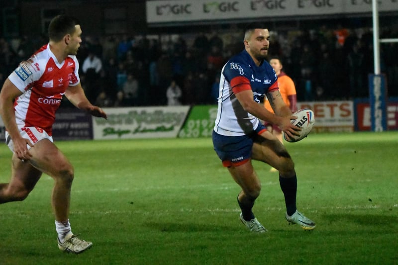 Recent signing Matheiu Cozza on the attack for Featherstone Rovers and looking for support on his outside. Picture: Rob Hare
