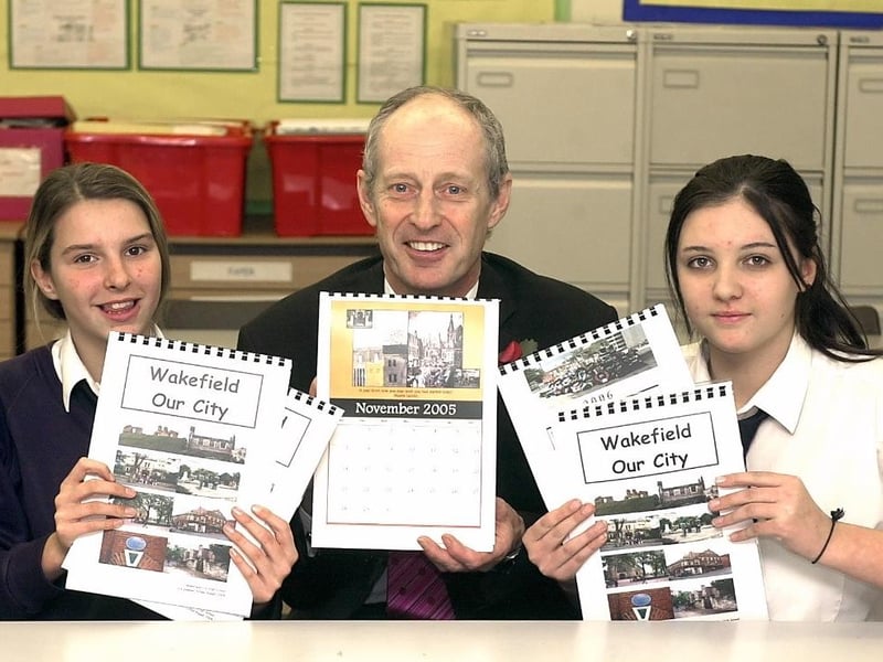 Pupils at Wakefield City High school launch their fundraising calendar with the help of Wakefield Council Leader Coun Peter Box in 2004.