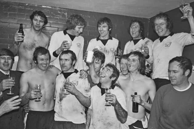 Hereford United FC celebrate their win after a replay match against Newcastle United in the third round of the FA Cup on February 5 1972.