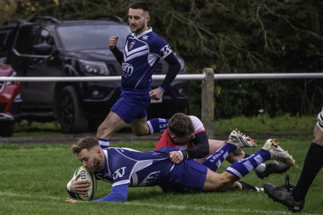 Craig Fawcett dives over for a Pontefract try. Picture: Jonathan Buck