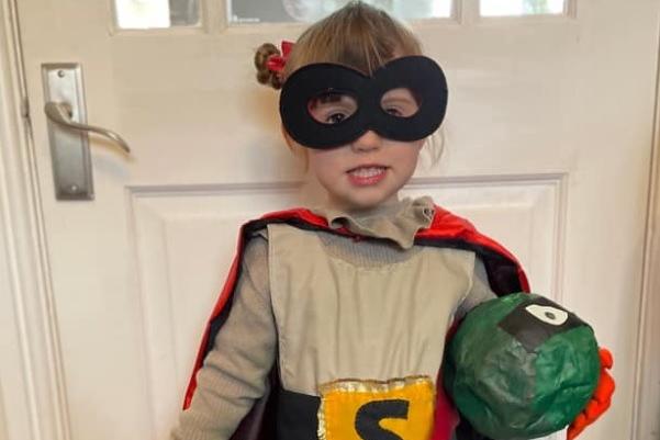 Fiona Jane shared her little one's first ever World Book Day, dressed as Supertato with a captured Evil Pea!