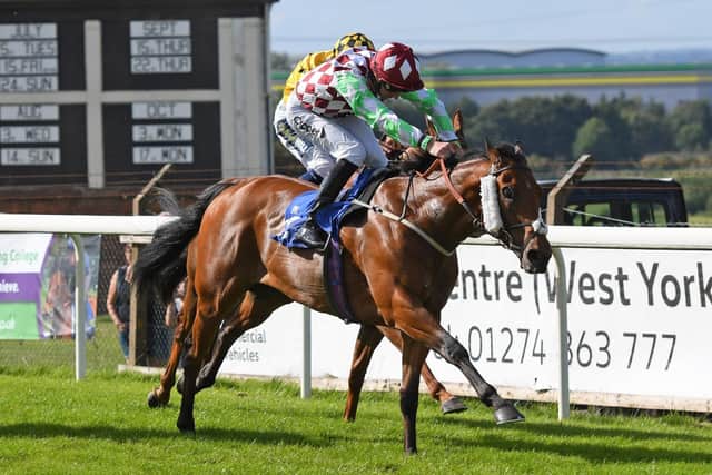 Soul Seeker, ridden by Danny Tudhope, wins a race at Pontefract in 2022. Picture: Alan Wright