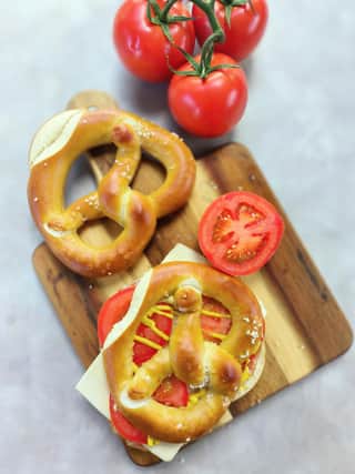 The pretzel shaped sandwich Karen made for breakfast