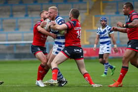 Action from the Betfred Championship match between Halifax Panthers and Featherstone Rovers at the Shay Stadium, Halifax,  on Sunday, August 26, 023. Photo by Simon Hall.