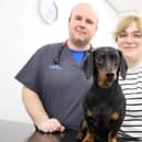 Dachshund Nellie with Ellie Holbrook at Chantry Vets where she is reunited with vet Fraser Reddick. Photo: © Chantry Vets