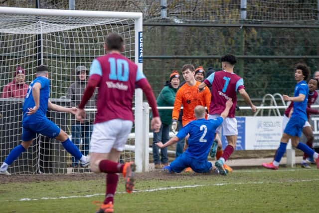 Junayd Cassius-Gill nets Emley's second goal in their 3-1 win against Hemsworth MW. Picture: Mark Parsons