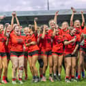 Normanton Knights Girls U15s celebrate winning the Wakefield Cup final at Featherstone Rovers' ground. Picture: CW photography
