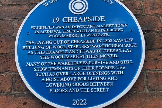 Wakefield Civic Society blue plaque outside Switalskis Solicitors, on Cheapside, Wakefield. LDRS image