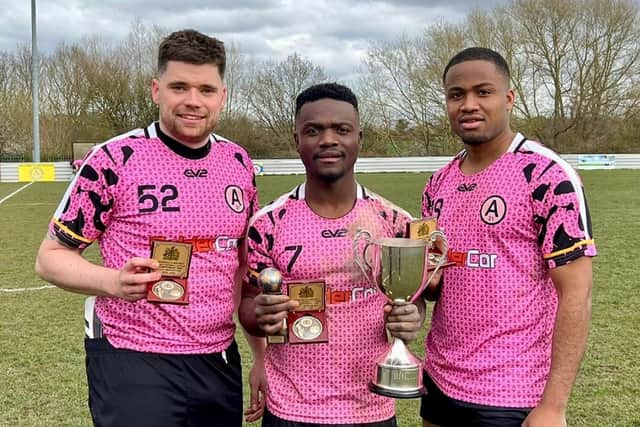 Goal scorers in Alverthorpe Athletic's 3-0 Championship Two League Cup success over Wakefield Athletic B (from left) Andrew Shelton, Waisu Adeniran and Rui Ferreira.