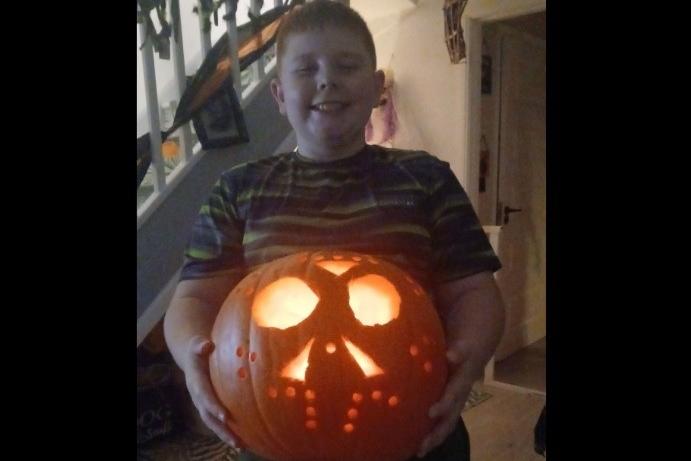 Devins with his Jason Voorhees inspired pumpkin, shared by Vicky Stringfellow