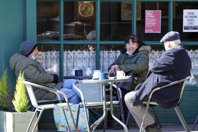 But an easing of restrictions meant that people were allowed to enjoy food and drinks outside with people from one other household - putting catch ups firmly back on the agenda. Here, friends look thrilled as they enjoy coffees in Pontefract.