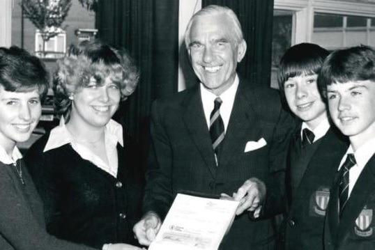 Freeston High School, a cheque is handed over by the adjudicator of the SPAN project, 1980.