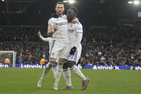 Jack Harrison celebrates his goal with Leeds United teammate Willy Gnonto.