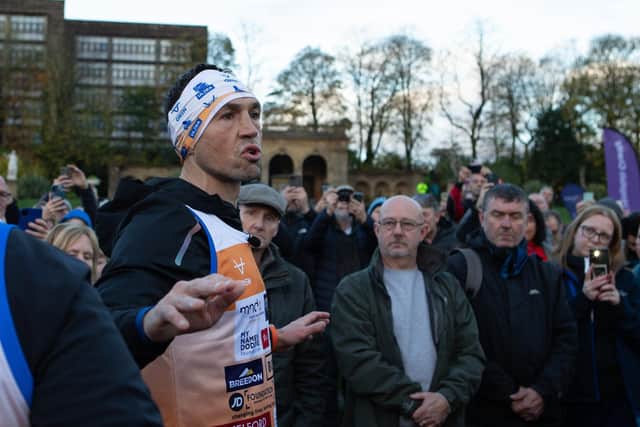 Leeds Rhinos legend Kevin Sinfield (Pictured stopping at Peoples Park, Halifax on the final day of his Ultra 7 in 7 Challenge) Kevin Sinfield, OBE commented on the milestone by saying: “The support for the MND community through the Rob Burrow Leeds Marathon has been fantastic"
