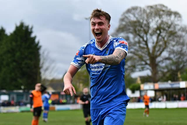 Bailey Thompson celebrates one of his two goals against Brighouse Town. Picture: Daniel Kerr